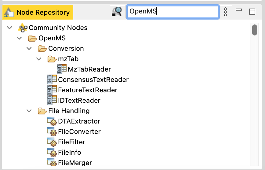OpenMS tools loaded in node repository
